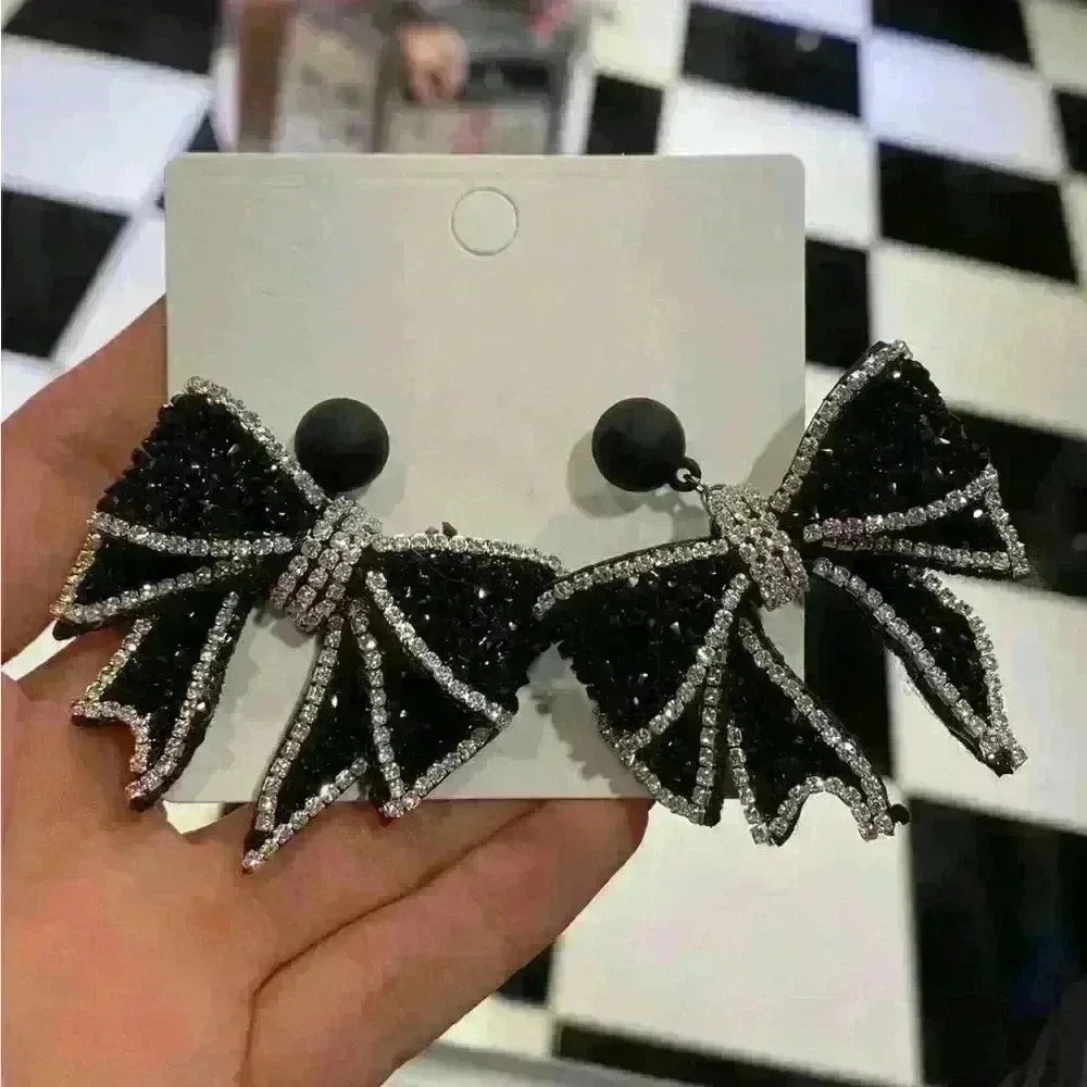 Black Crystal Bow Drop Earrings - Brand
